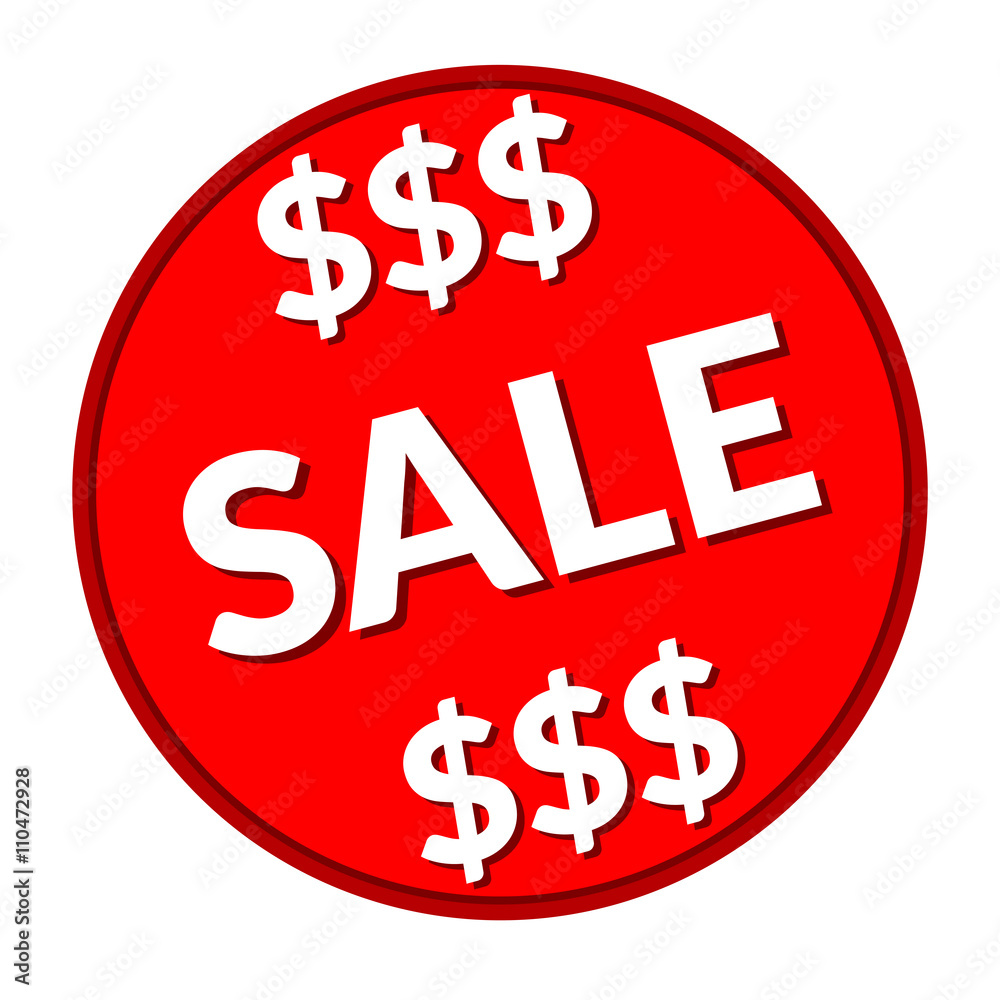 Colorful sale icon with dollar sign. Red label. Icon for special offer. Sale typography background. Red round sale sticker on white background. Design template in coin style with sale message. Vector Colorful sale icon with dollar sign. Red label. Icon for special offer. Sale typography background. Red round sale sticker on white background. Design template in coin style with sale message. Vector