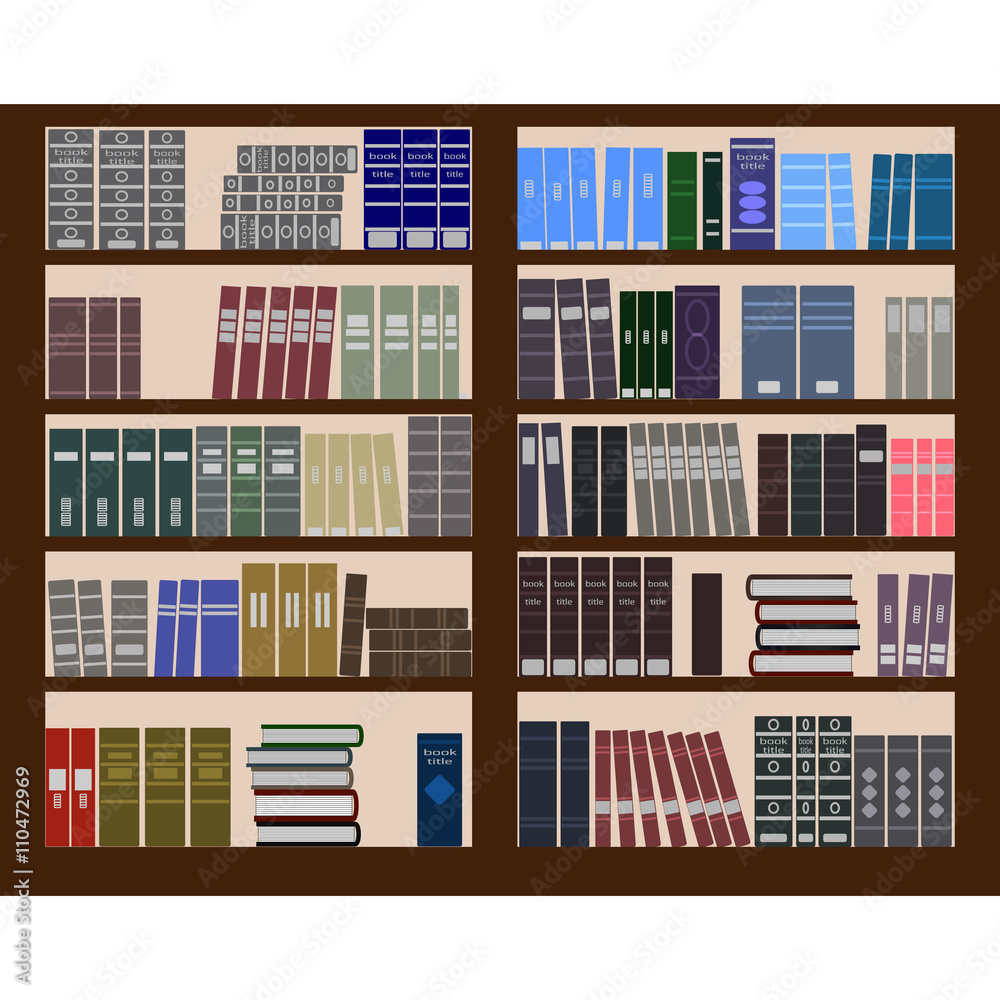 Bookshelves with a lot of books. Stacks of books of different colors, sizes and shapes in a big bookcase. The symbol of Library, bookstore, education, school or science. Flat design style. Vector