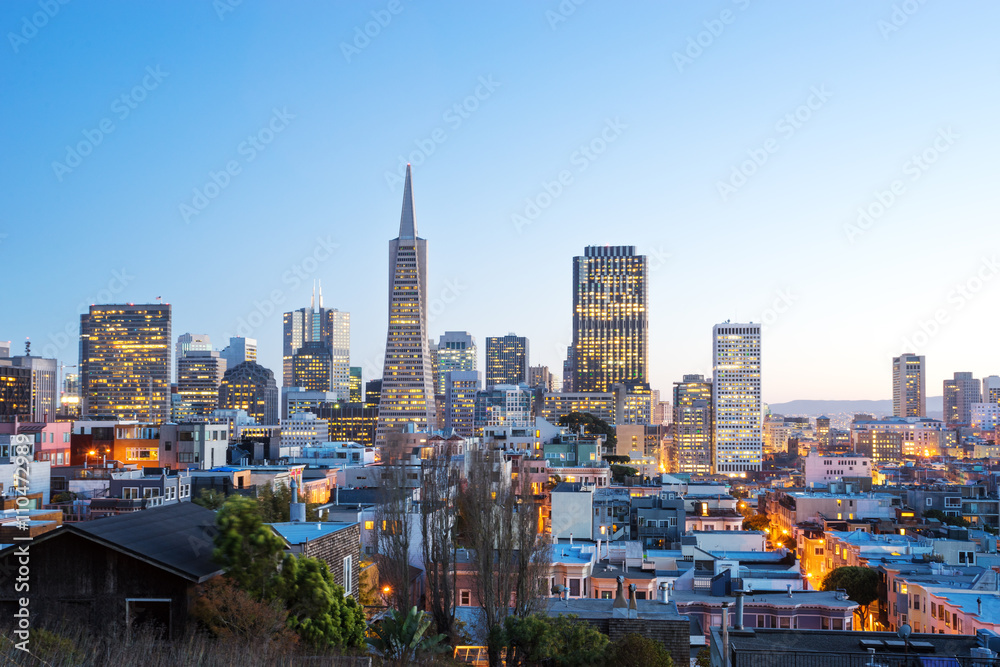cityscape and skyline of san francisco at twilight