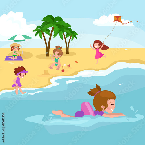 Summer children. Kids playing in the sand on beach