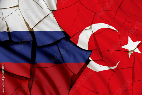 Flag of Turkey and Russia. A symbol of an armed conflict between Moscow and Ankara after Russian SU-34 fighter jet or air force plane reportedly flew into Turkish airspace despite radar warnings. photo