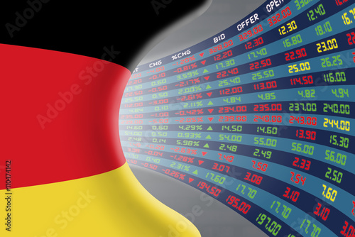 National flag of Germany with a large display of daily stock market price and quotations during normal economic period. The fate and mystery of German stock market, tunnel/corridor concept. photo