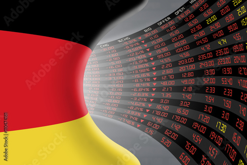 National flag of Germany with a large display of daily stock market price and quotations during economic recession period. The fate and mystery of German stock market, tunnel/corridor concept. photo