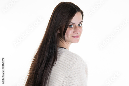Woman with long straight hair. Fashion model posing