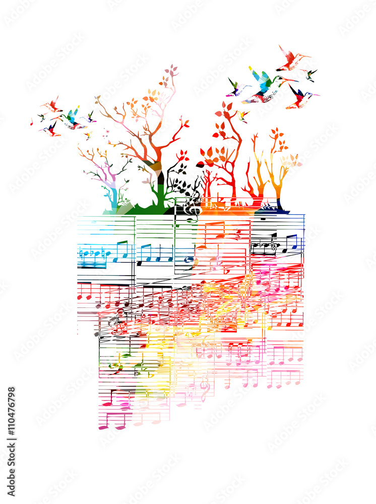 Fototapeta premium Colorful music background with music notes and hummingbirds