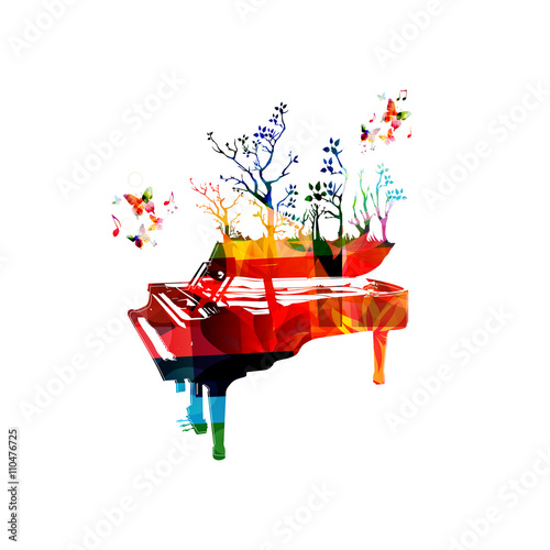  Colorful music background with piano and butterflies