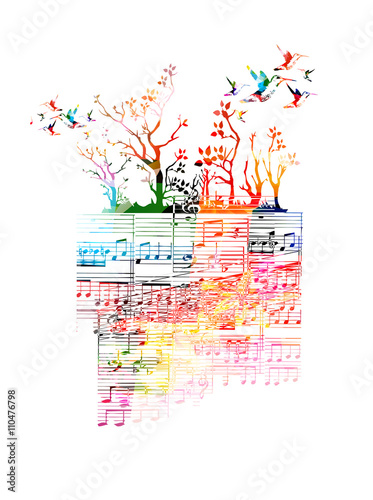 Colorful music background with music notes and hummingbirds
