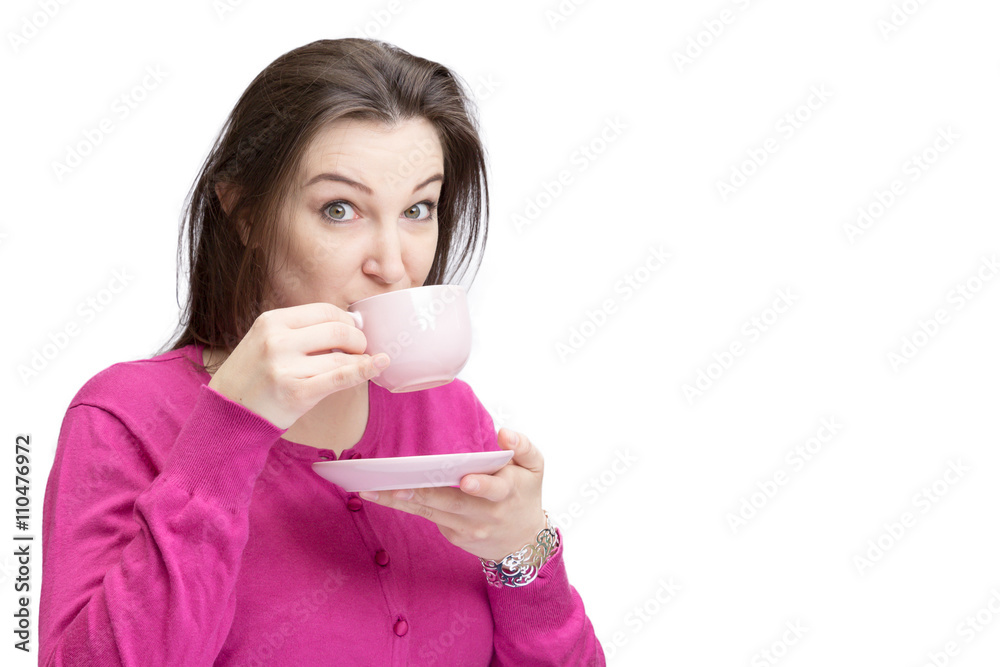 Pretty lady in pink drinking tea Pretty lady in pink drinking tea