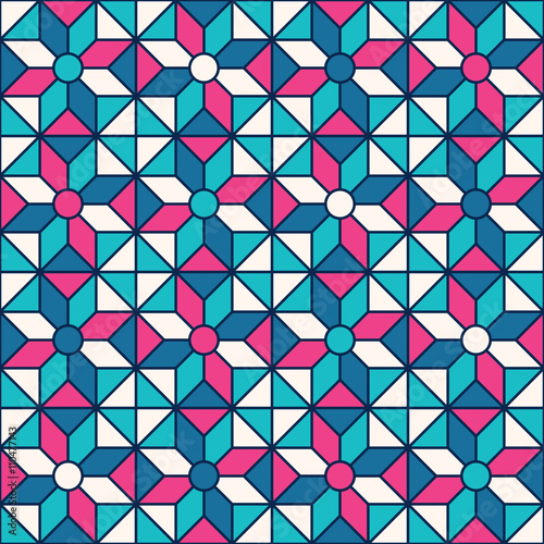 Stained-glass window pattern with simple shapes.