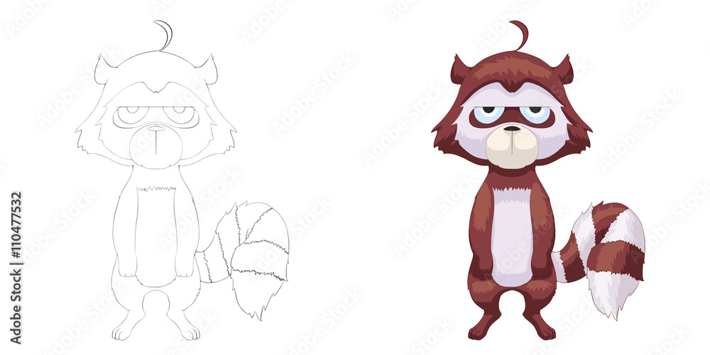 Fototapeta premium Creative Illustration and Innovative Art: Animal Set: Sketch Line Art and Coloring Book: Raccoon. Realistic Fantastic Cartoon Style Artwork Character Design, Wallpaper, Story Background, Card Design 