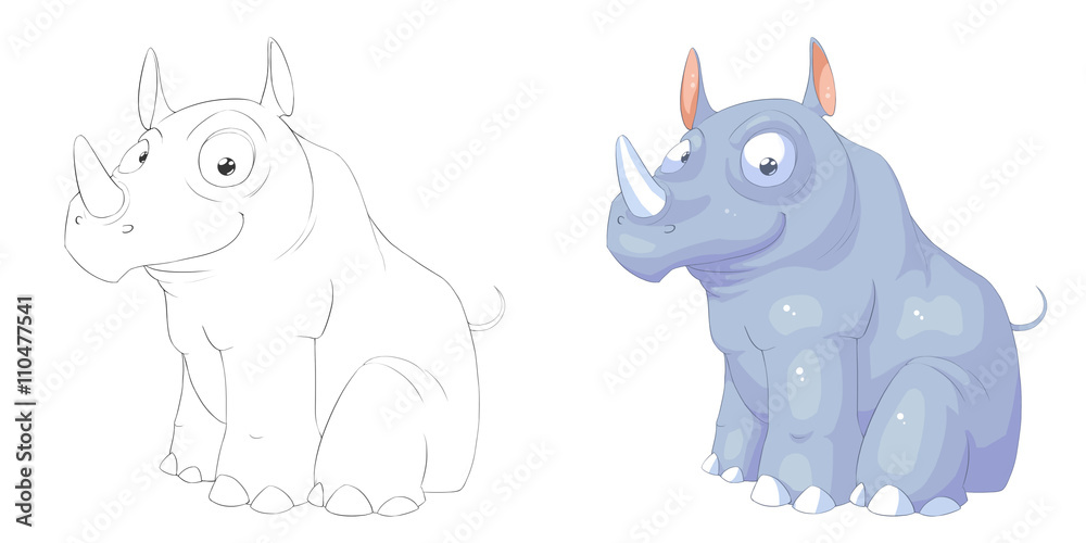 Naklejka premium Creative Illustration and Innovative Art: Animal Set: Sketch Line Art and Coloring Book: Rhino. Realistic Fantastic Cartoon Style Character Design, Wallpaper, Story Background, Card Design 