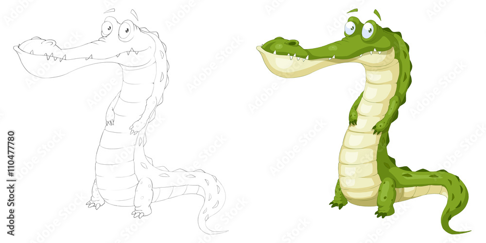 Naklejka premium Creative Illustration and Innovative Art: Animal Set: Sketch Line Art and Coloring Book: Green Crocodile. Realistic Fantastic Cartoon Style Character Design, Wallpaper, Story Background, Card Design
