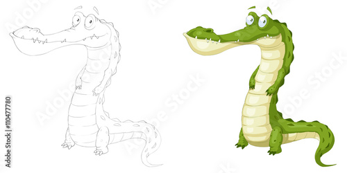 Creative Illustration and Innovative Art: Animal Set: Sketch Line Art and Coloring Book: Green Crocodile. Realistic Fantastic Cartoon Style Character Design, Wallpaper, Story Background, Card Design