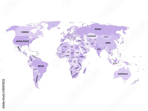 World map with names of sovereign countries and larger dependent territories