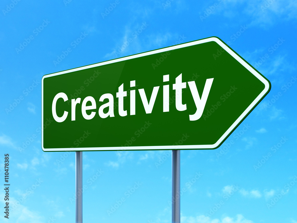Advertising concept: Creativity on road sign background Advertising concept: Creativity on road sign background