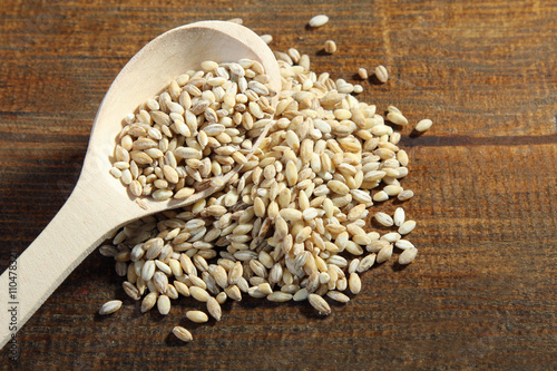 pearl barley on a wooden spoon and scattered on a brown wooden table
