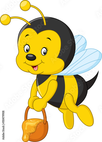 flying Bee cartoon holding honey bucket