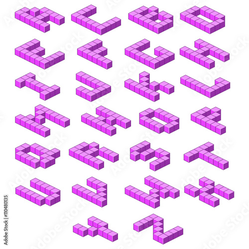 Isometric alphabet. purple abc. Volumetric letters. Vector Illustration
