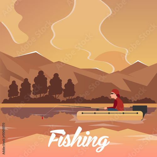 Fishing banner. Fishing concept. Fishing on the boat. Fisherman. Fishing at sunset