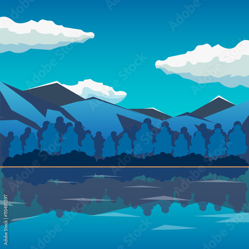 Sea and mountain landscape, neverending vector illustration, cartoon background for game design. Game location