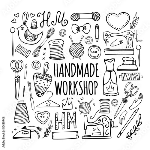 The hand drawn elements to create a logo handmade workshop