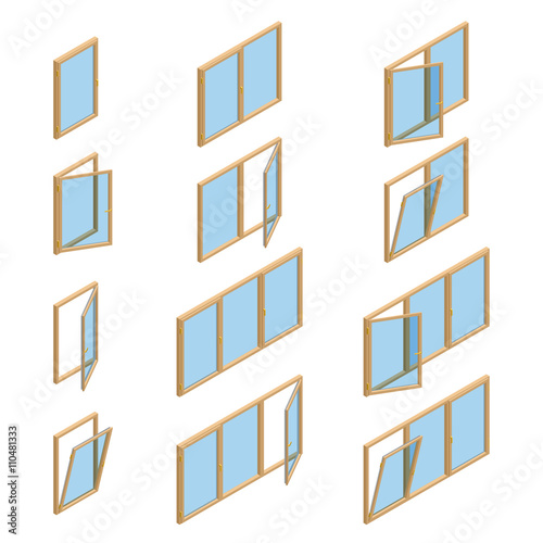 Vector collection of various windows types. For interior and exterior use. Flat 3d vector isometric style.