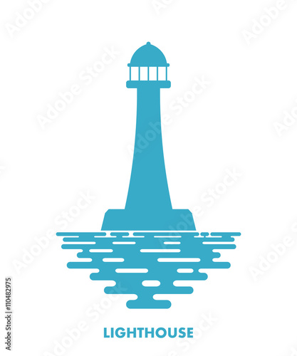 Blue lighthouse with waves on a white background. Icon lighthous