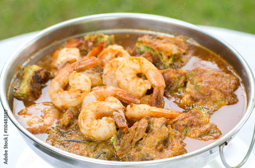 Acacia Leave Omelet and Shrimps in Spicy Tamarind Flavored Soup. Acacia Leave Omelet and Shrimps in Spicy Tamarind Flavored Soup.