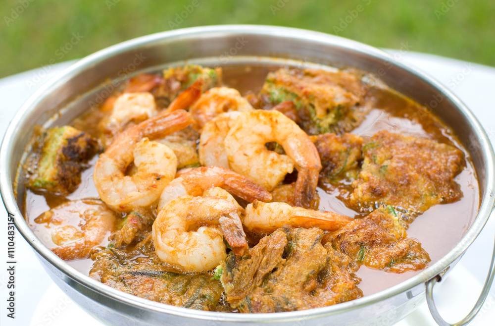 Acacia Leave Omelet and Shrimps in Spicy Tamarind Flavored Soup.