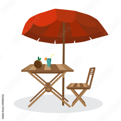Summer on the beach: umbrella, sun, table, cocktail, coconut. Ve