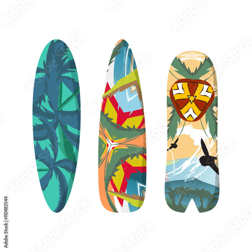 Vector flat set surfboards isolated on white background. Surfboa