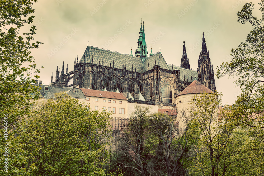 Prague Castle with St. Vitus Cathedral, Hradcany, Czech Republic. Vintage