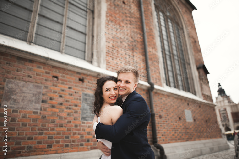 Gorgeous wedding couple, bride, groom posing near old gate building Gorgeous wedding couple, bride, groom posing near old gate building