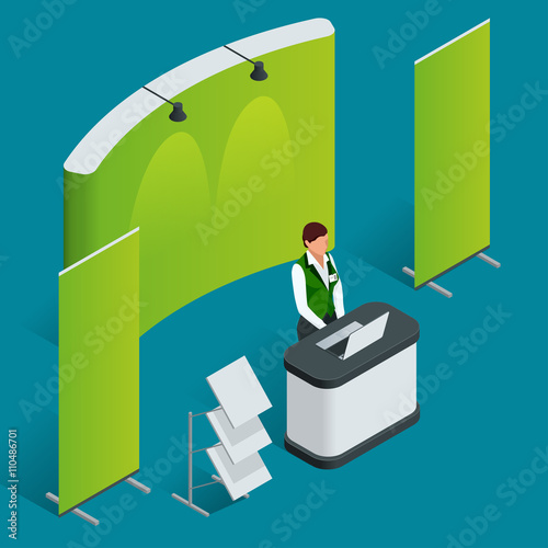 Promotion counter set. Trade stand. Blank vector poster. Flat 3d vector isometric illustration.