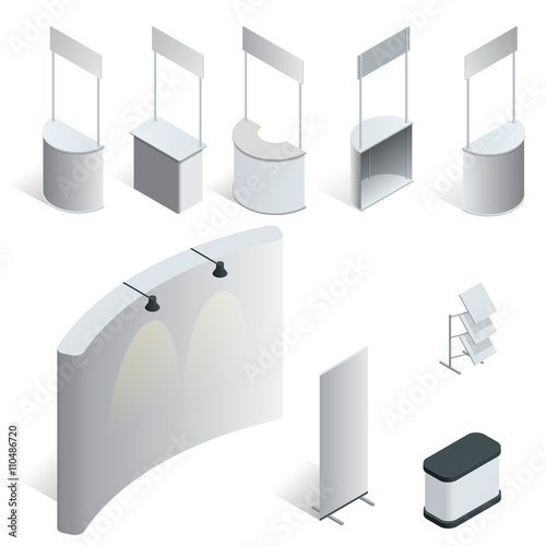Promotion counter set. Trade stand. Blank vector poster. Flat 3d vector isometric illustration.