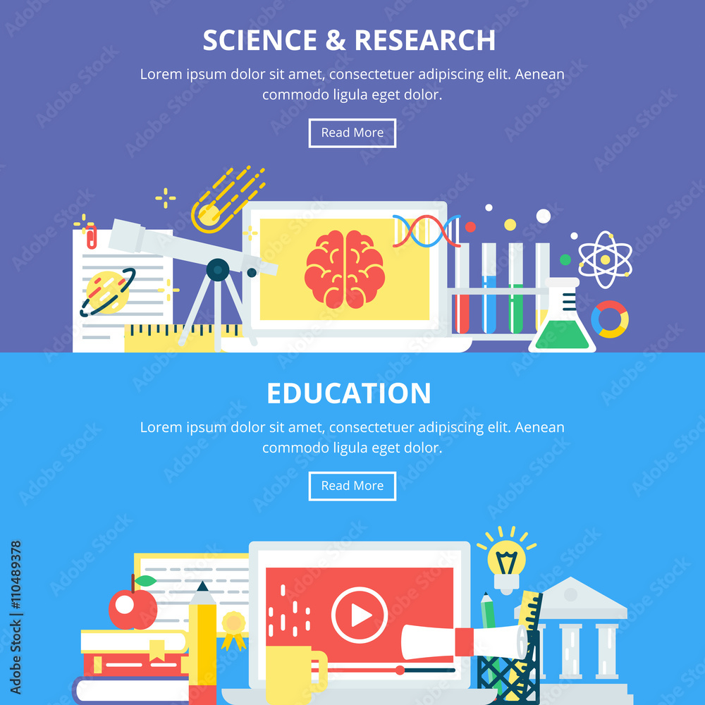 Science and Research Education Banners. Vector Illustrations