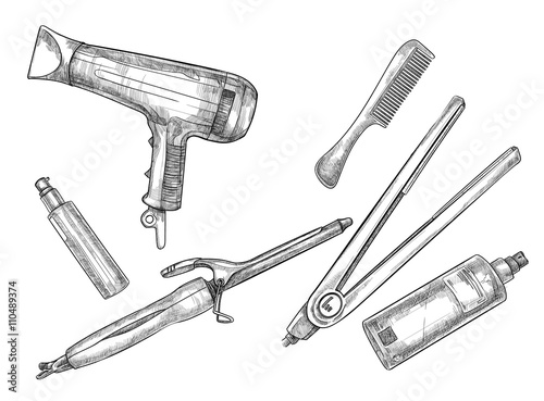 Hand-drawn vector illustration - Set of hairdresser tools (barbe