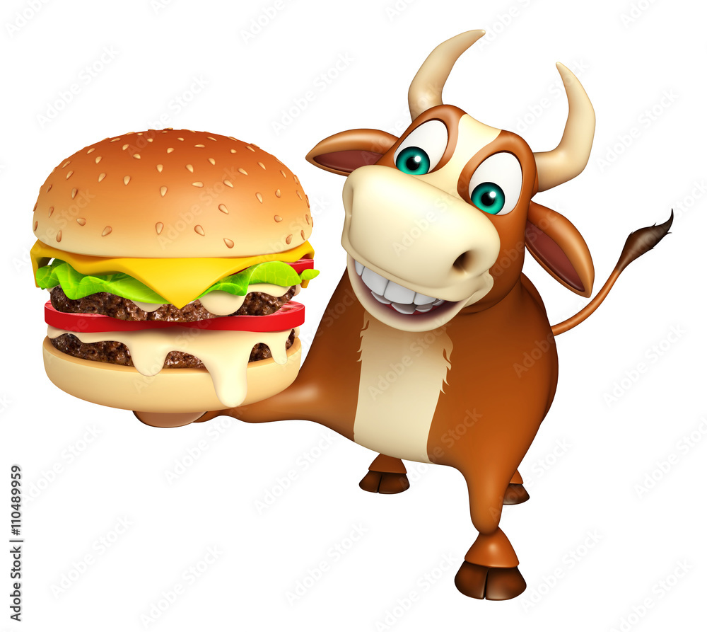 Bull cartoon character with burger Bull cartoon character with burger