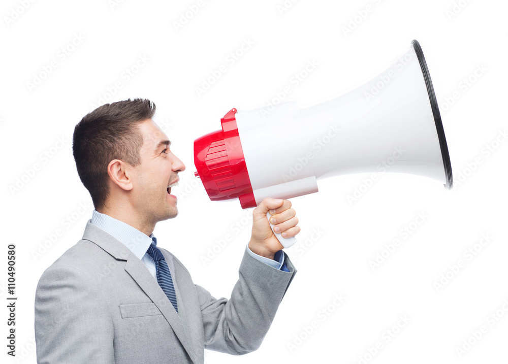 happy businessman in suit speaking to megaphone happy businessman in suit speaking to megaphone