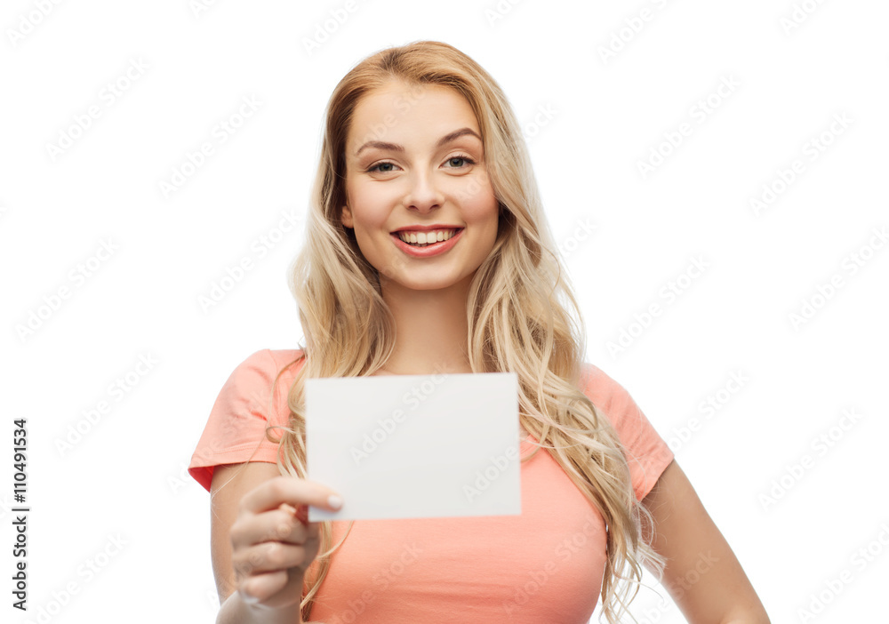 happy woman or teen girl with blank white paper happy woman or teen girl with blank white paper