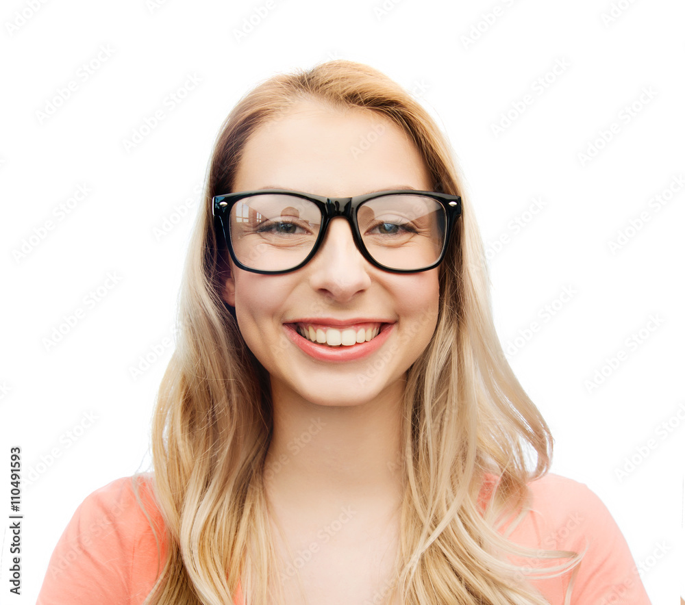 happy young woman or teenage girl in eyeglasses happy young woman or teenage girl in eyeglasses
