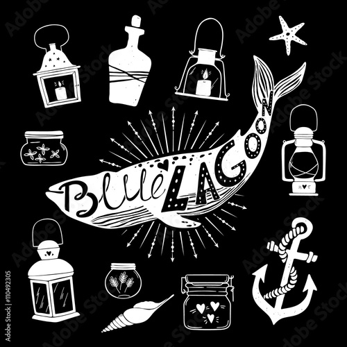 Hand drawn illustration - Marine kit. Graphic elements for desig