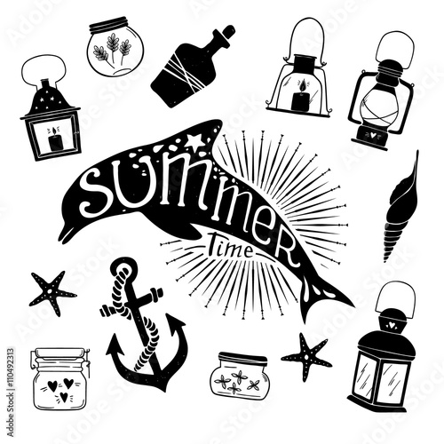 Hand drawn illustration - Marine kit. Graphic elements for desig