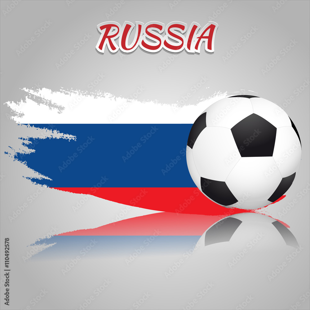 Naklejka Flag of Russia with the soccer ball. National flag in vintage style. Brush as a national flag.