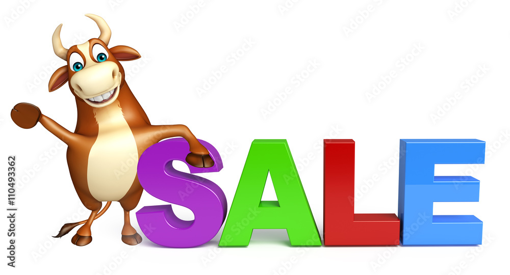 Bull cartoon character with big sale sign Bull cartoon character with big sale sign