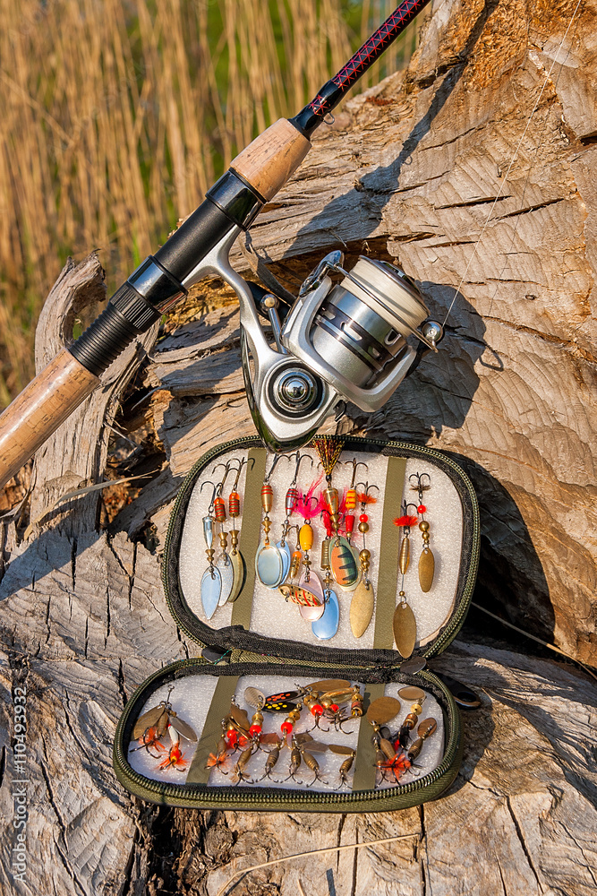 Fishing rod with reel and various kind of baits Fishing rod with reel and various kind of baits
