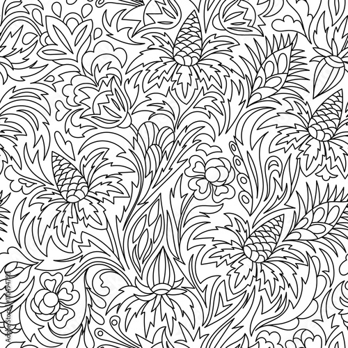 Coloring  book. Hand drawn. Black and white seamless pattern. Adults  children. Flowers.