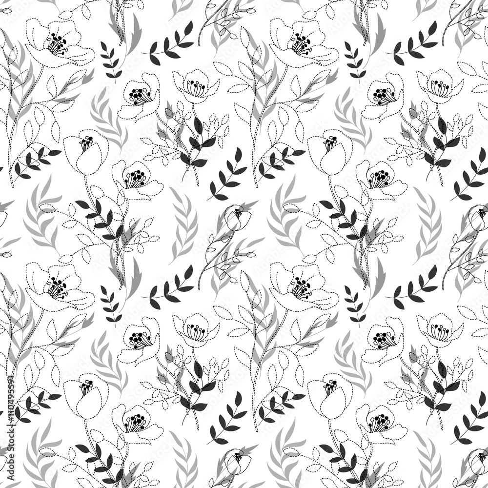 Black and white pattern poppies, cute seamless background, seamless floral illustrations. Dashed line drawing flowers and leaves on black