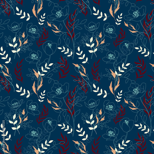 Vintage floral seamless pattern with flowers drawn by a dotted line and hand drawing leaf. Dashed line floral vector background.
