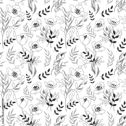 Black and white pattern poppies  cute seamless background  seamless floral illustrations. Dashed line drawing flowers and leaves on black